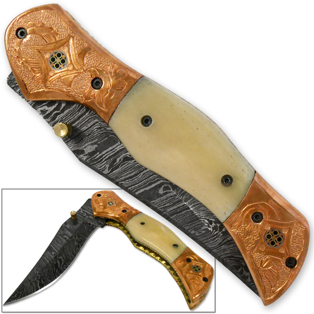 Magnum Rancher Damascus Folding Knife Engraved Copper Bolster Camel Bone Grip