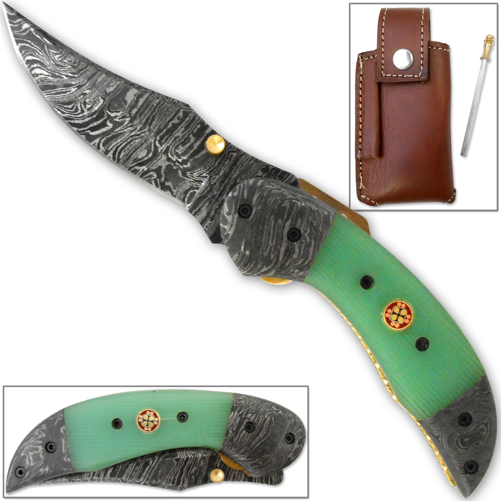 Trailmaster Clip Point Damascus Folding Knife Fire-Forged Steel Bolster Composite Grip