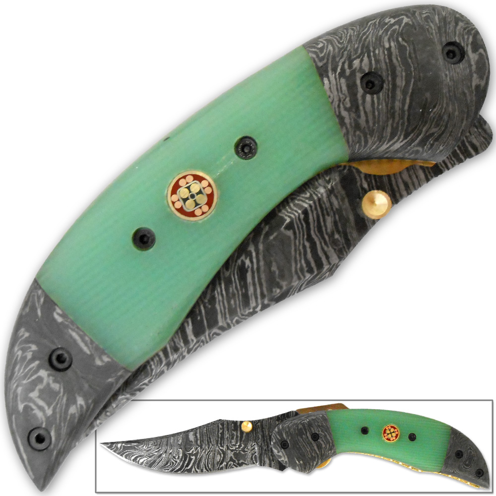 Trailmaster Clip Point Damascus Folding Knife Fire-Forged Steel Bolster Composite Grip
