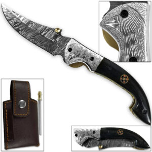 WHITE DEER Bird of Prey Damascus Folding Knife White Copper Bolstering