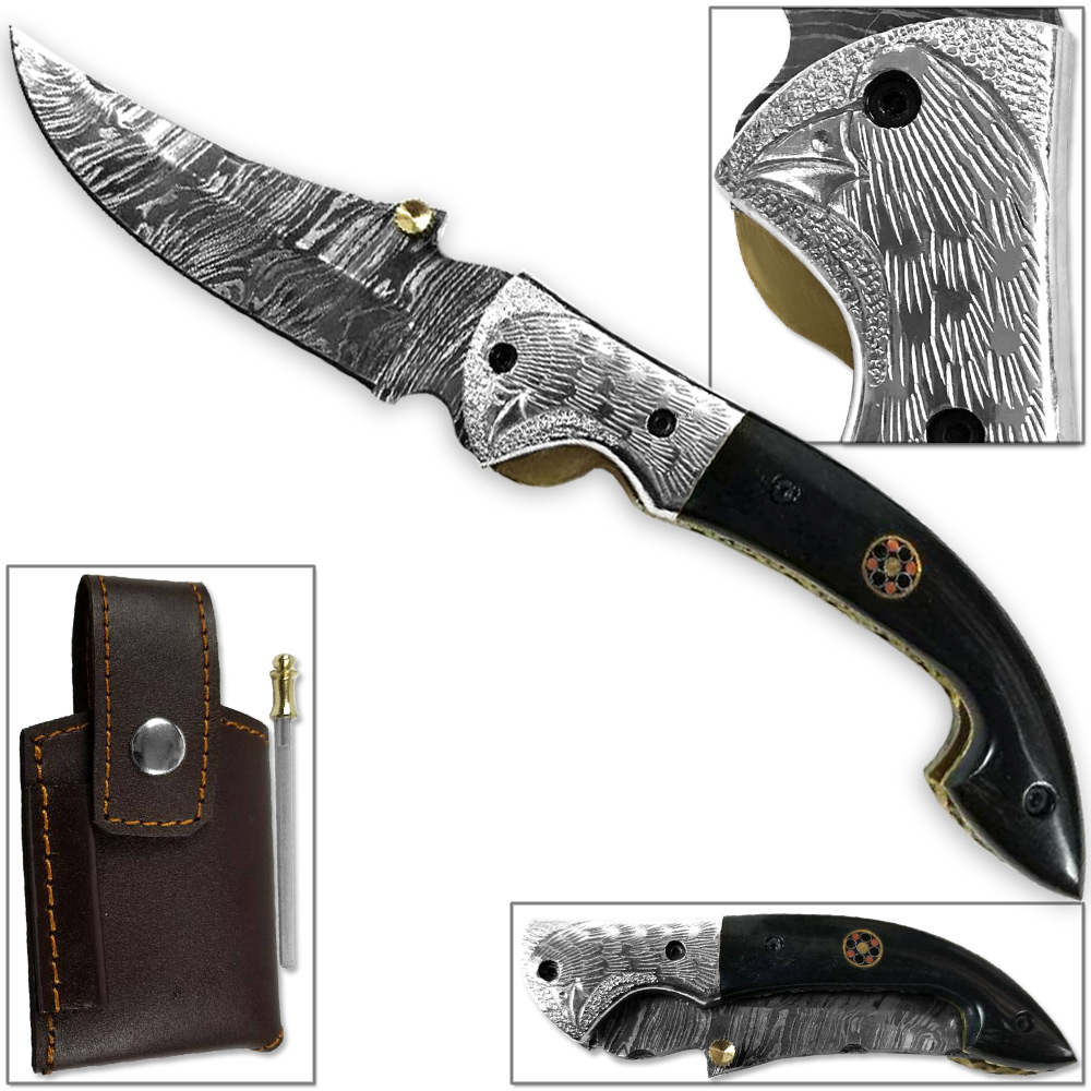WHITE DEER Bird of Prey Damascus Folding Knife White Copper Bolstering