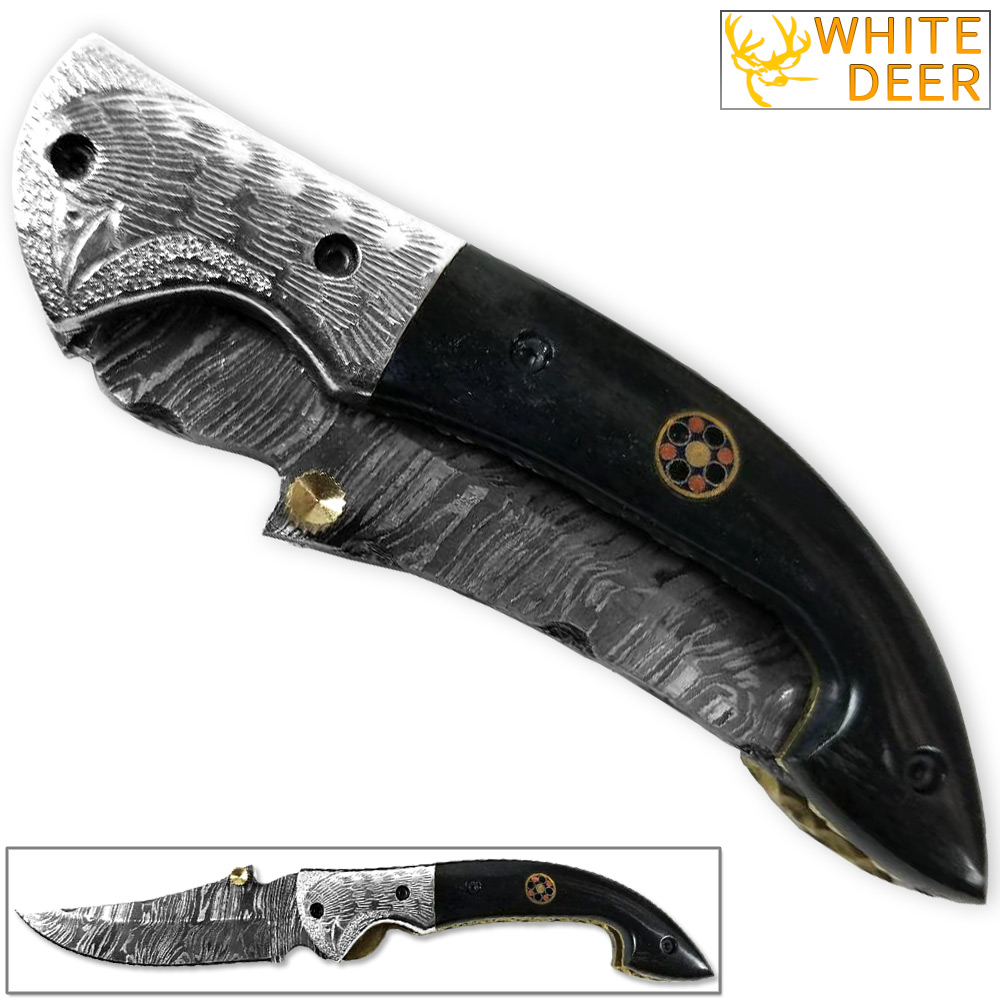 WHITE DEER Bird of Prey Damascus Folding Knife White Copper Bolstering