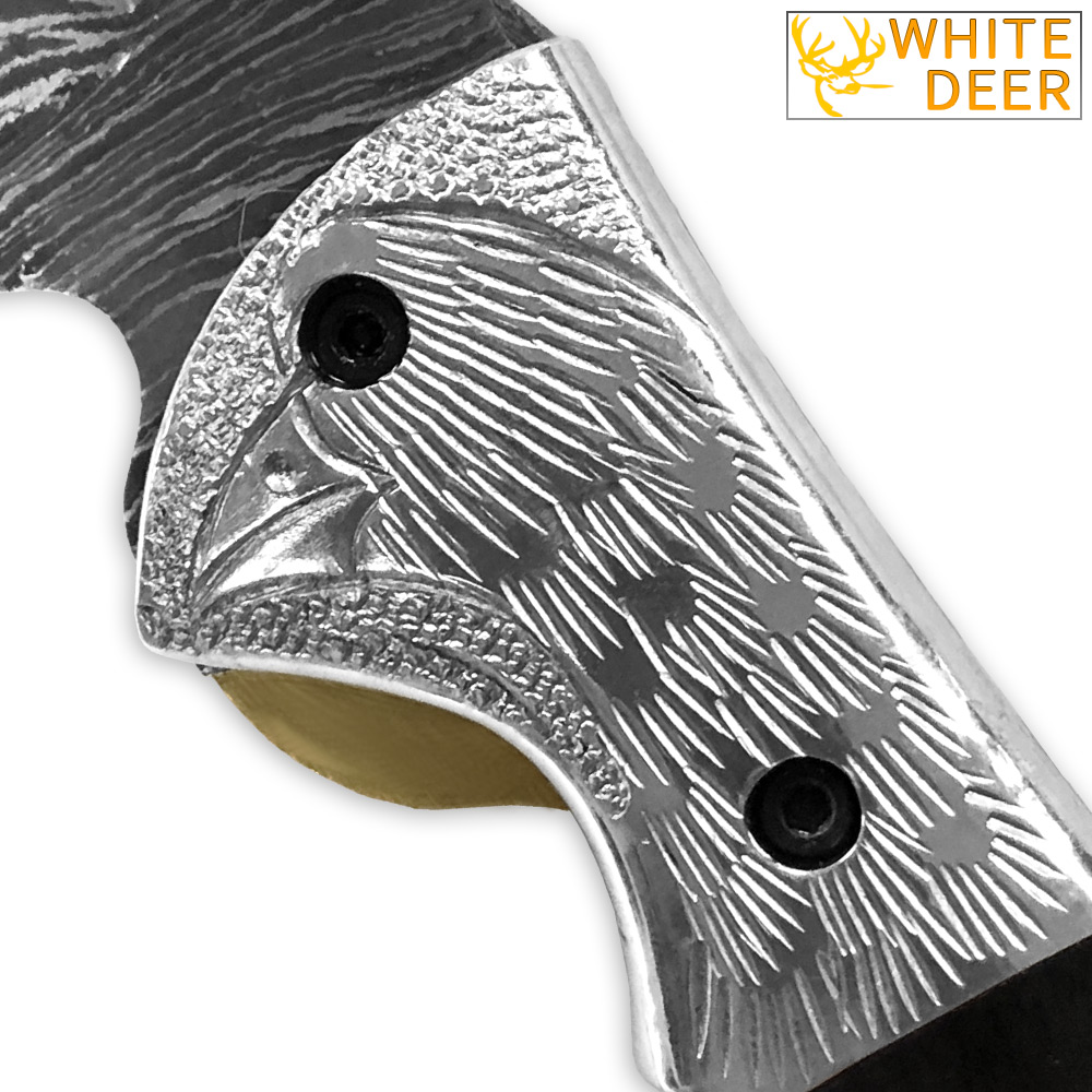 WHITE DEER Bird of Prey Damascus Folding Knife White Copper Bolstering