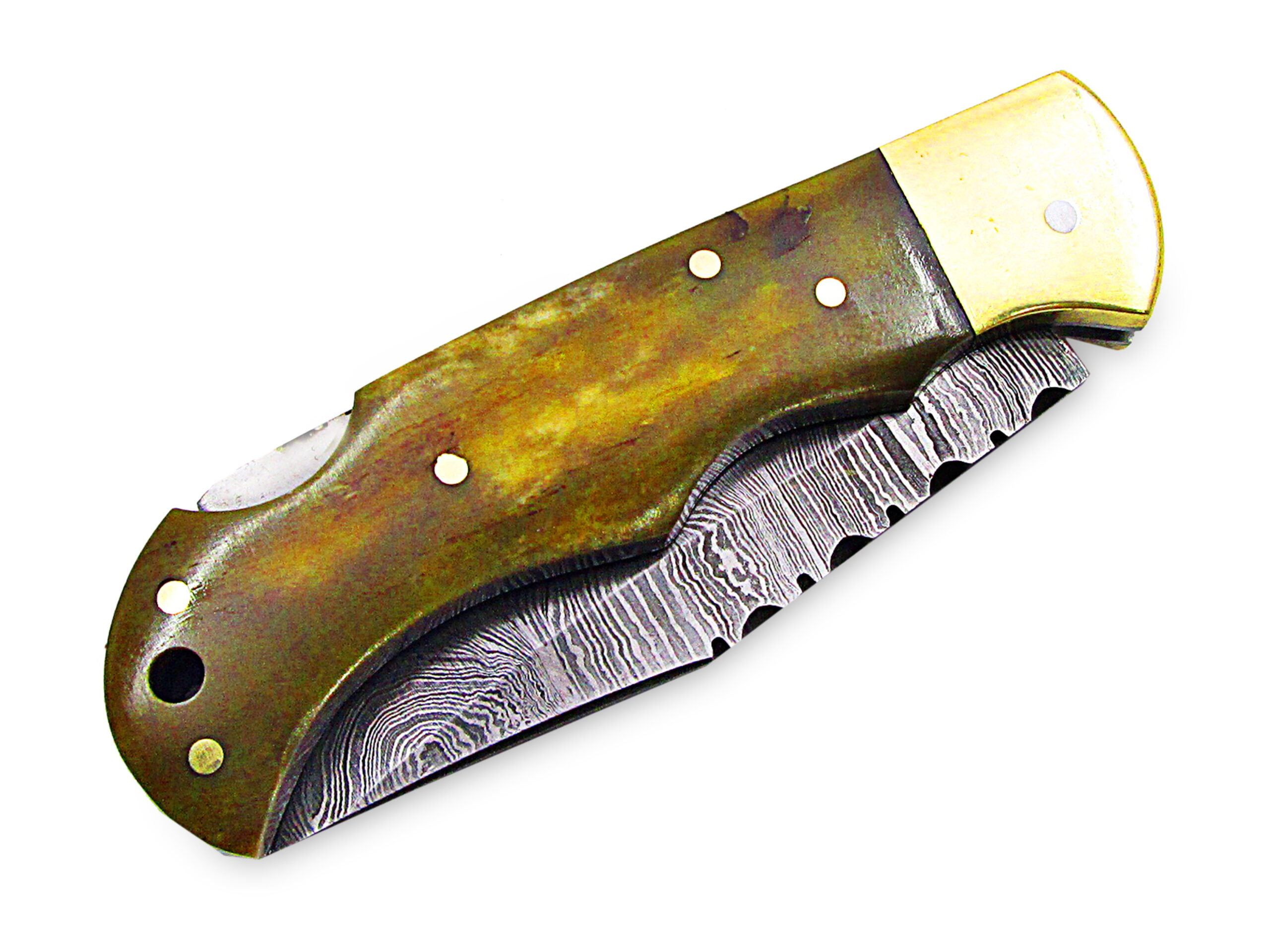 White Deer Executive Series Damascus Folding Knife Camel Bone Handle