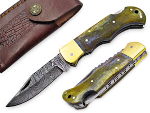 White Deer Executive Series Damascus Folding Knife Camel Bone Handle