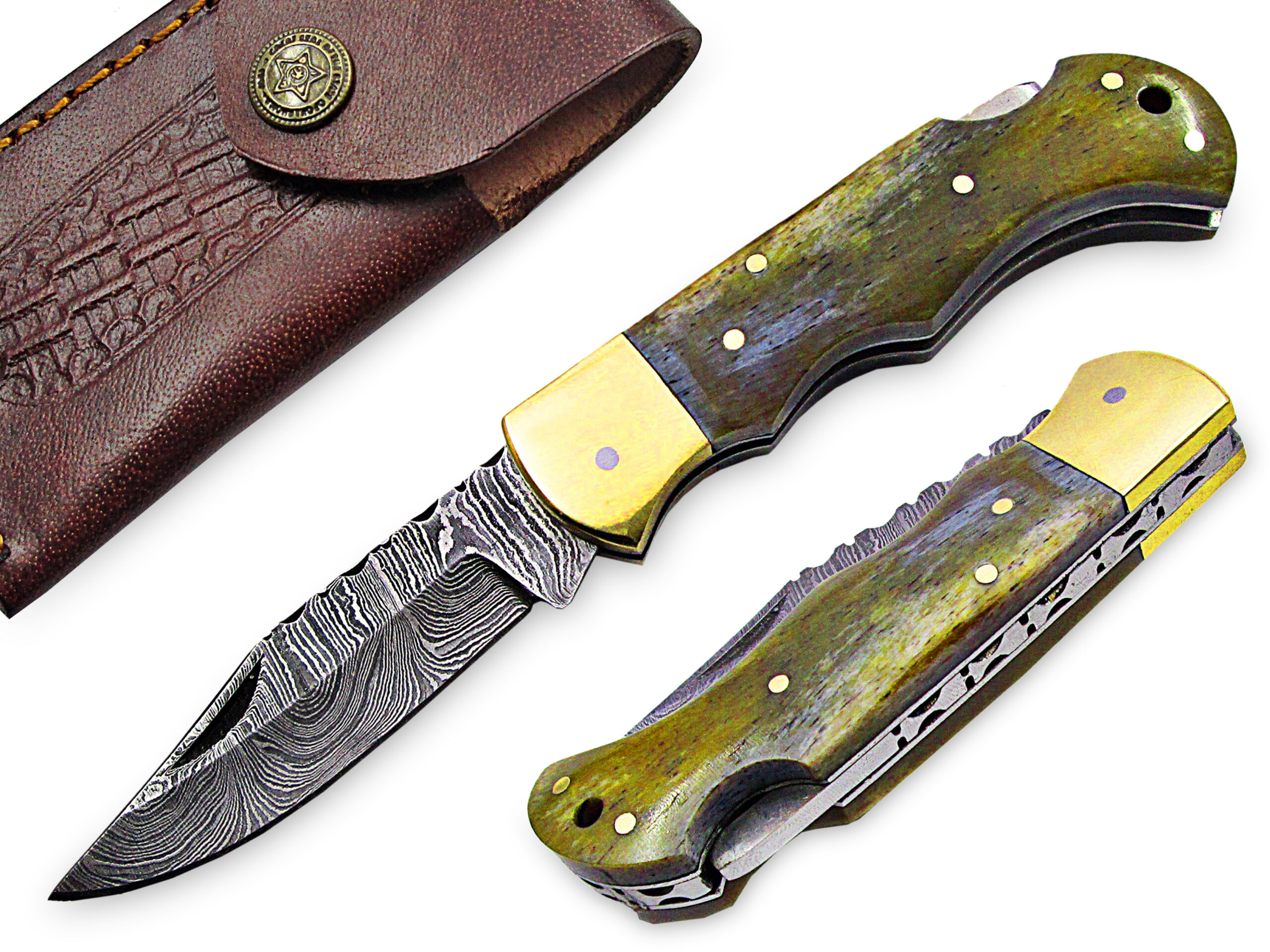 White Deer Executive Series Damascus Folding Knife Camel Bone Handle