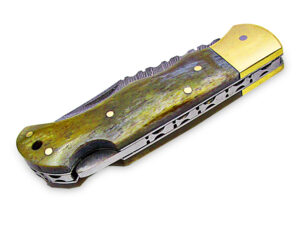 White Deer Executive Series Damascus Folding Knife Camel Bone Handle