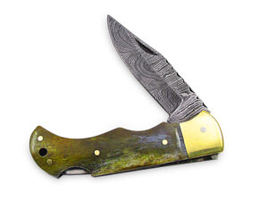 White Deer Executive Series Damascus Folding Knife Camel Bone Handle