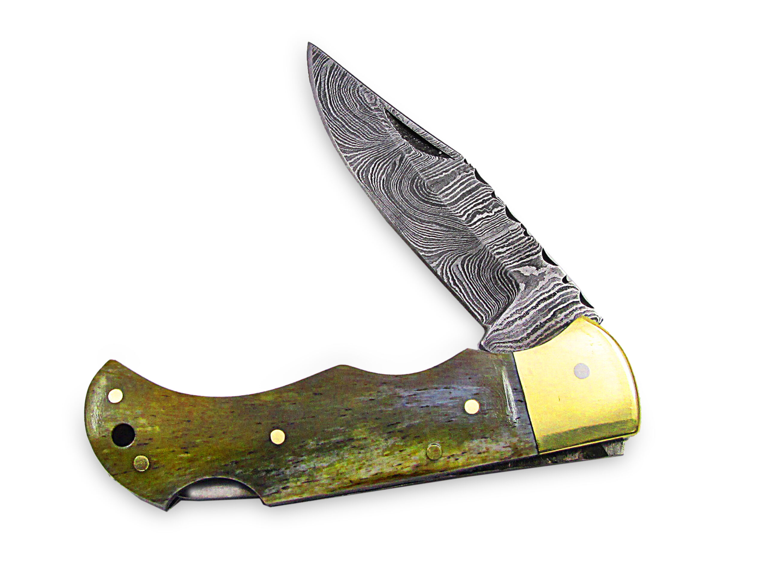 White Deer Executive Series Damascus Folding Knife Camel Bone Handle