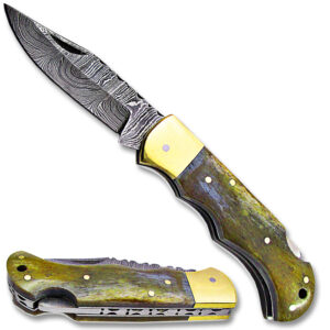 White Deer Executive Series Damascus Folding Knife Camel Bone Handle