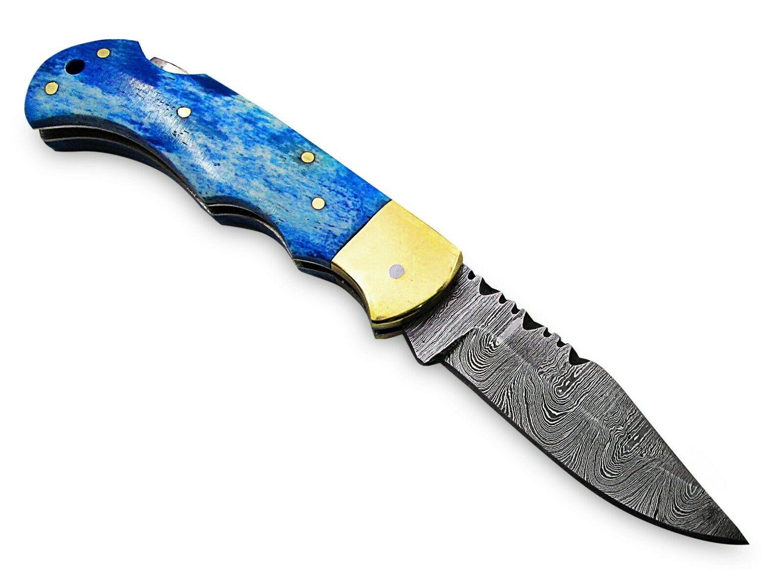 White Deer Executive Series Damascus Folding Knife Blue Camel Bone Handle