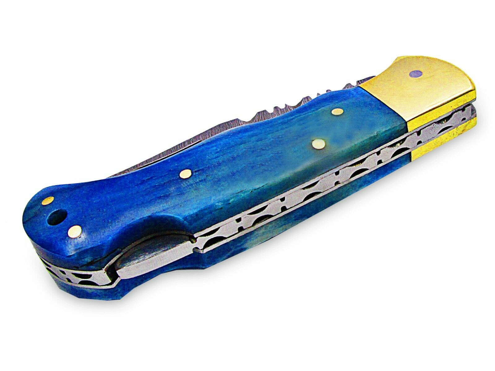 White Deer Executive Series Damascus Folding Knife Blue Camel Bone Handle