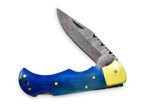 White Deer Executive Series Damascus Folding Knife Blue Camel Bone Handle