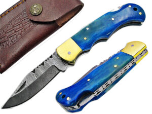 White Deer Executive Series Damascus Folding Knife Blue Camel Bone Handle