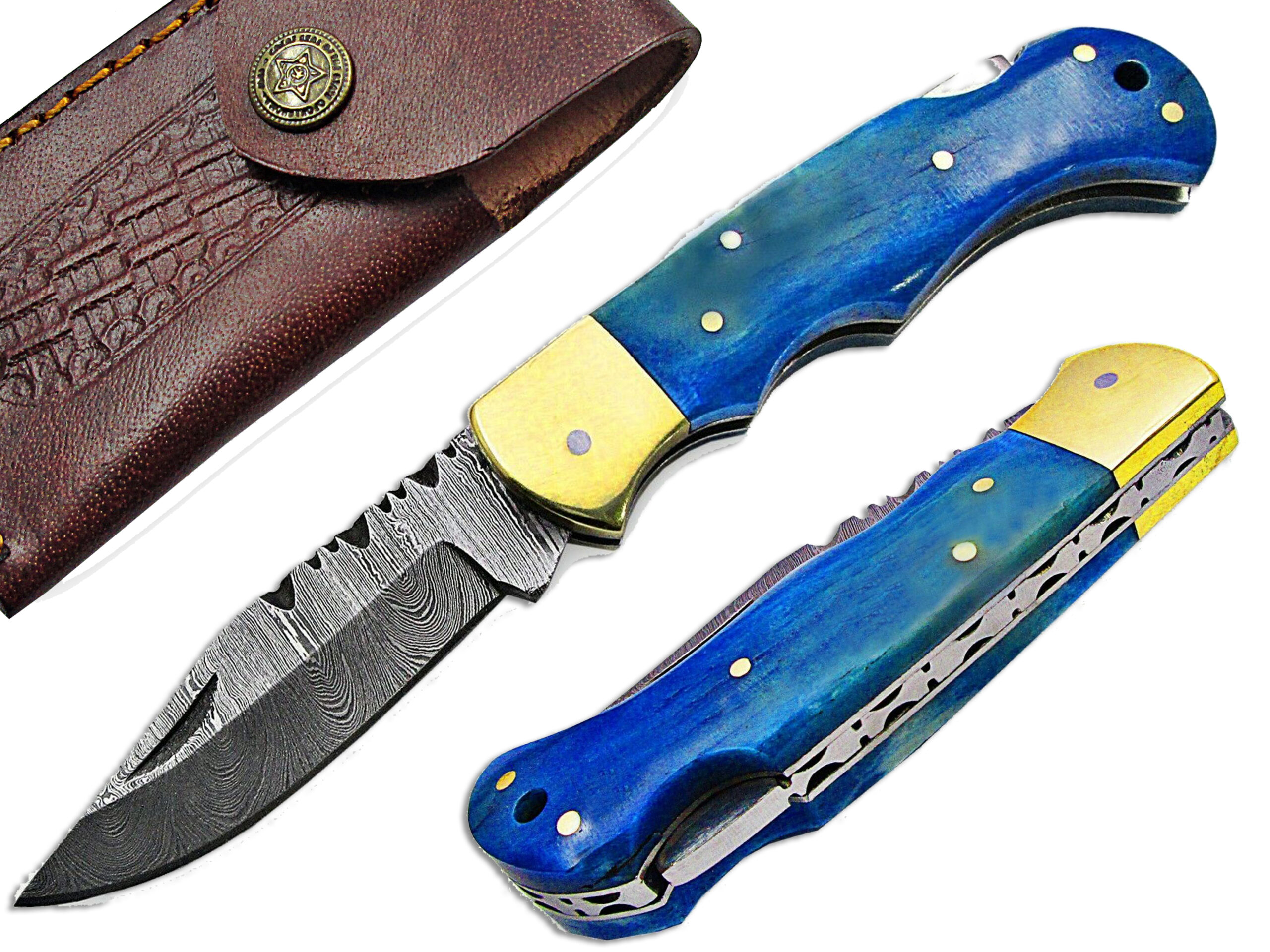 White Deer Executive Series Damascus Folding Knife Blue Camel Bone Handle