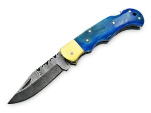 White Deer Executive Series Damascus Folding Knife Blue Camel Bone Handle