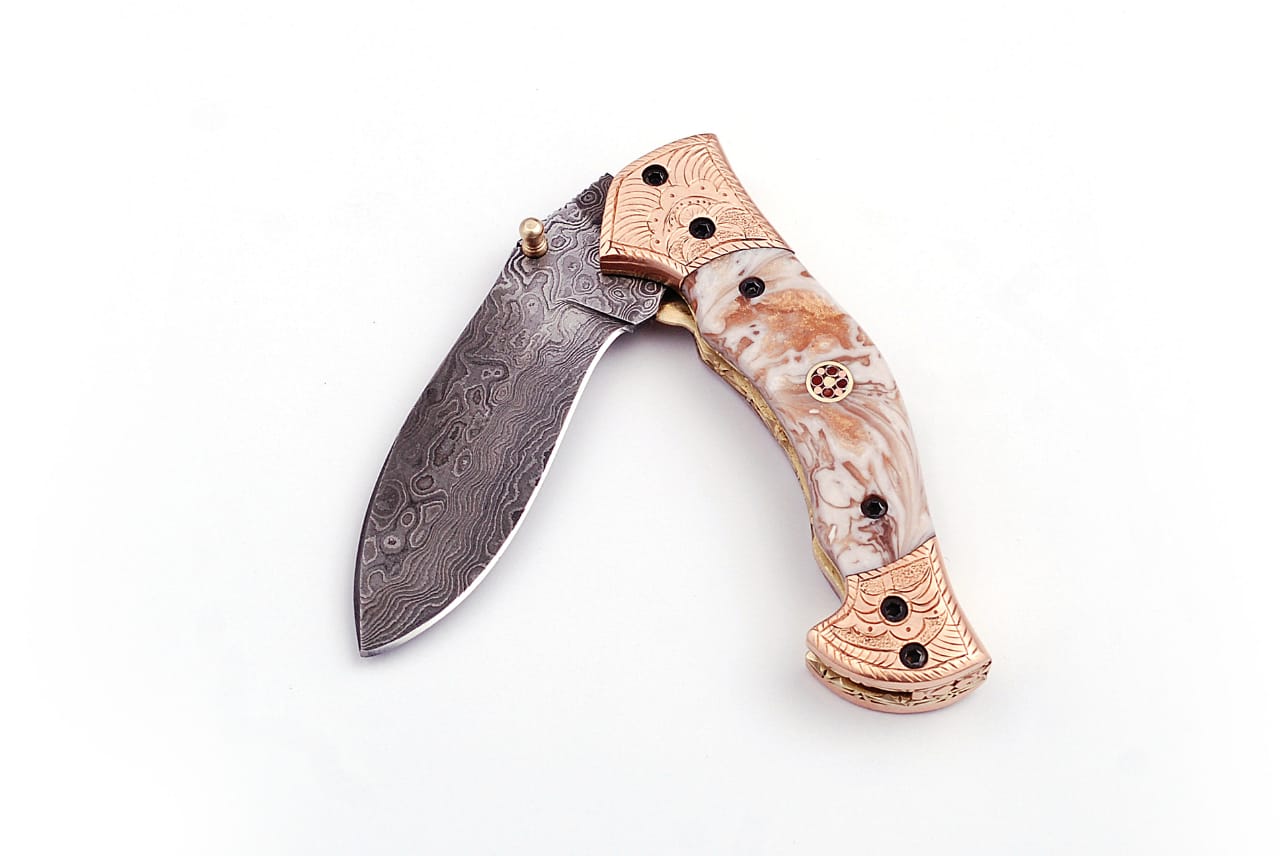 Executive Series Damascus Folding Knife  Copper Bolster