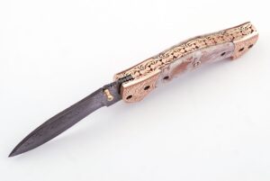 Executive Series Damascus Folding Knife  Copper Bolster
