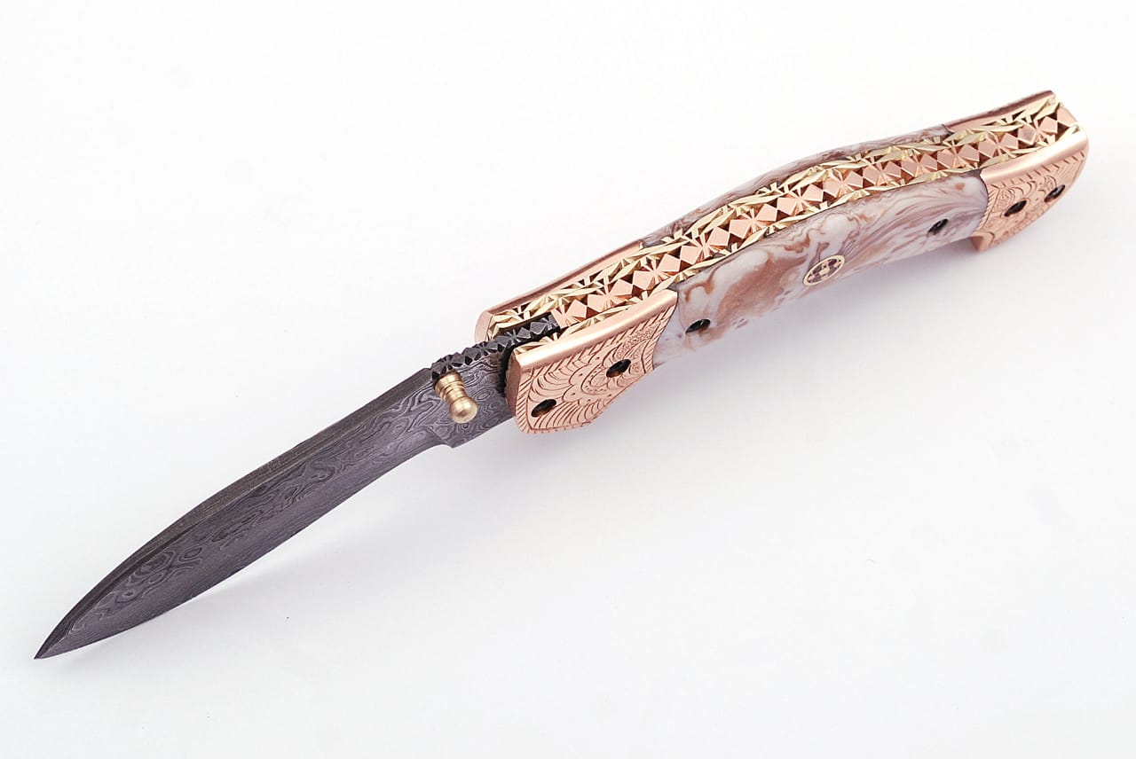 Executive Series Damascus Folding Knife  Copper Bolster