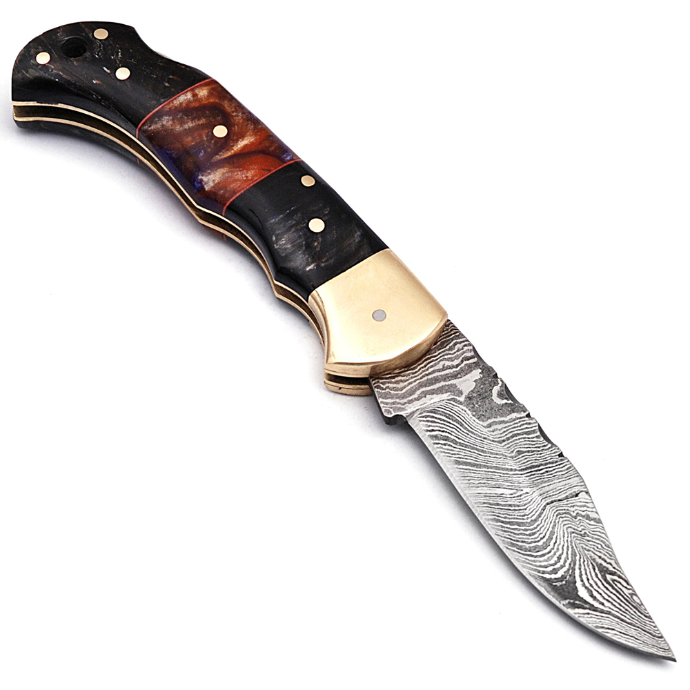 White Deer Executive Series Damascus Folding Knife Brass Filework Resin Handle