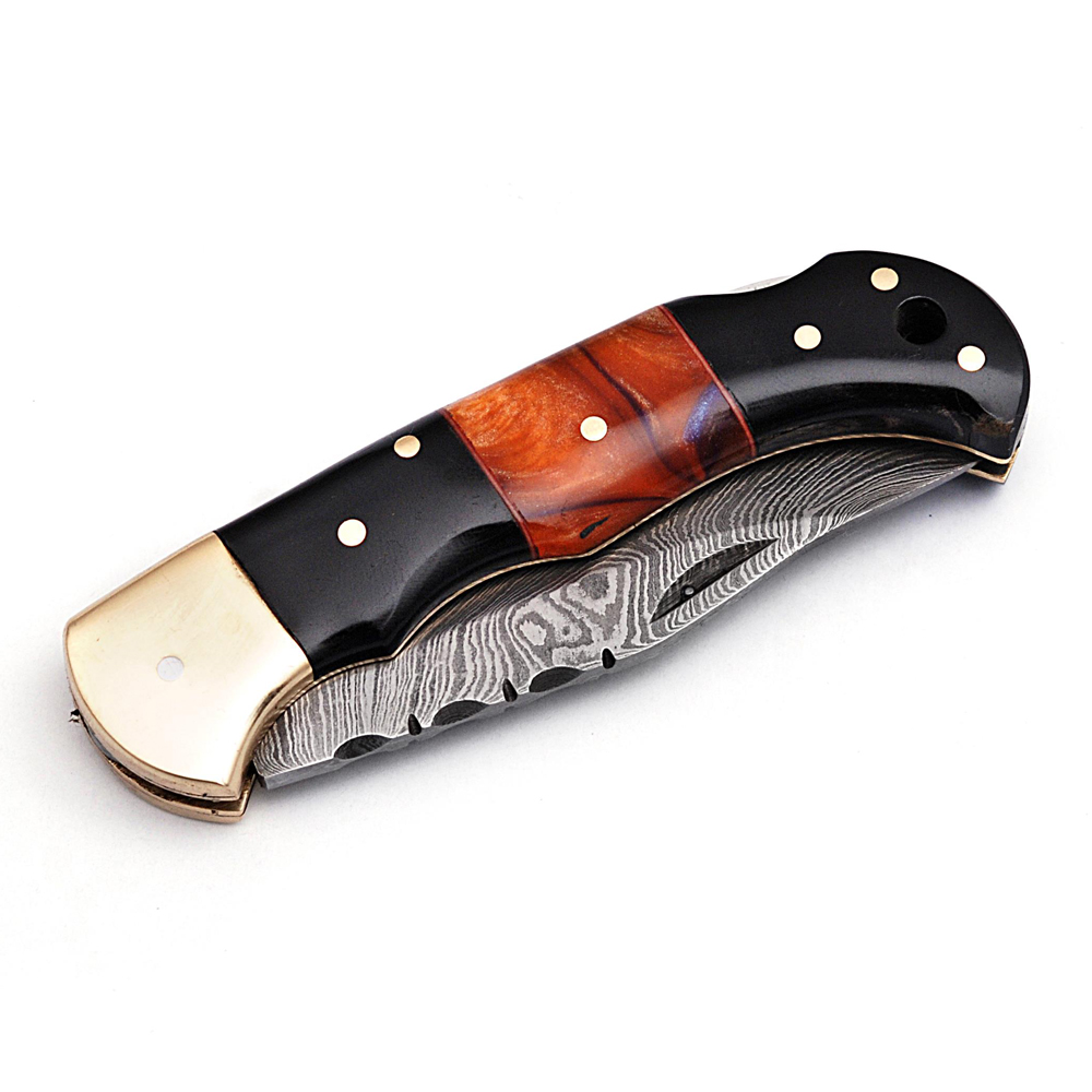 White Deer Executive Series Damascus Folding Knife Brass Filework Resin Handle