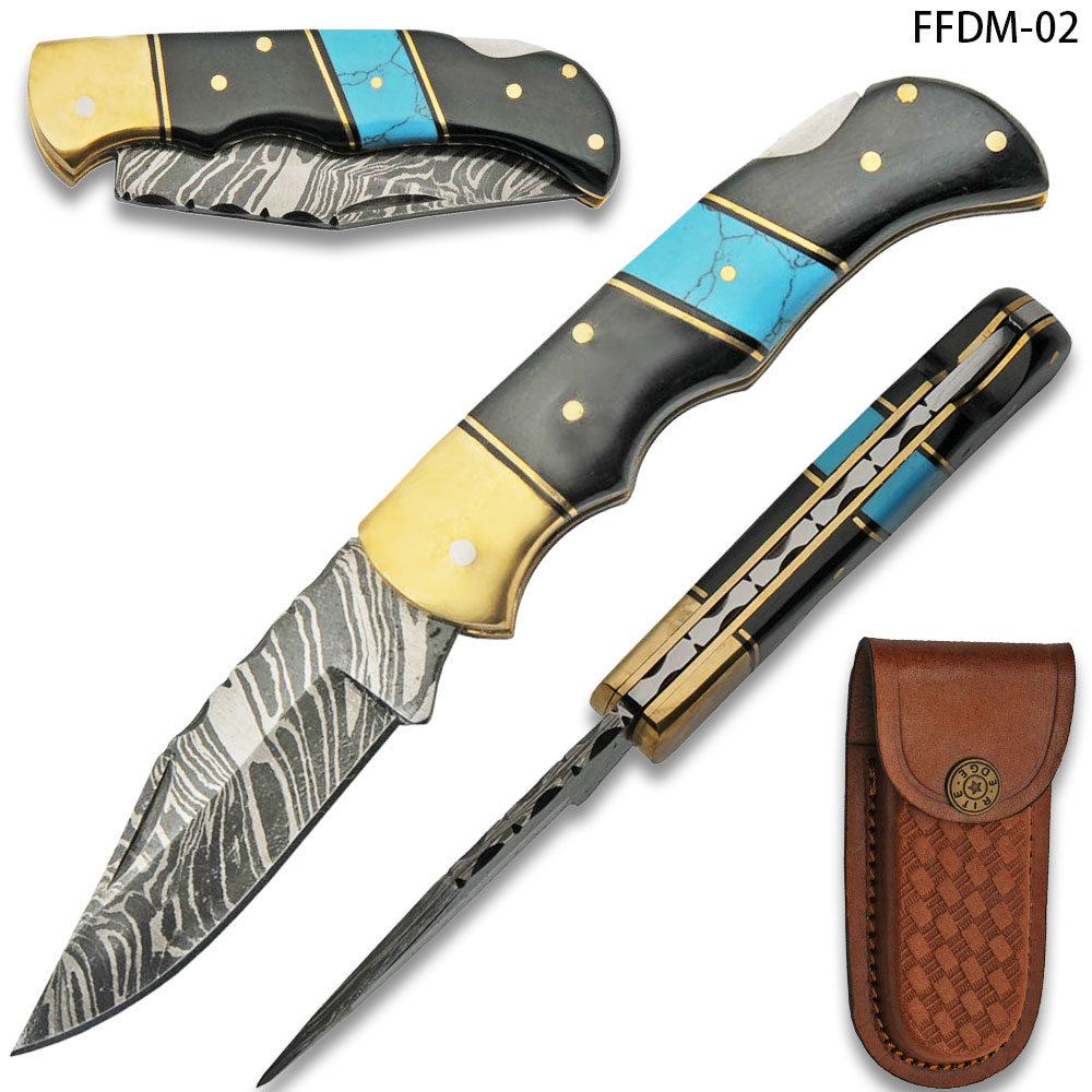 White Deer Executive Series Damascus Folding Knife Brass Filework