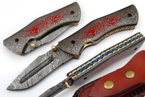 Red Flame Executive Series Damascus Folding Knife Brass & Blue Filework