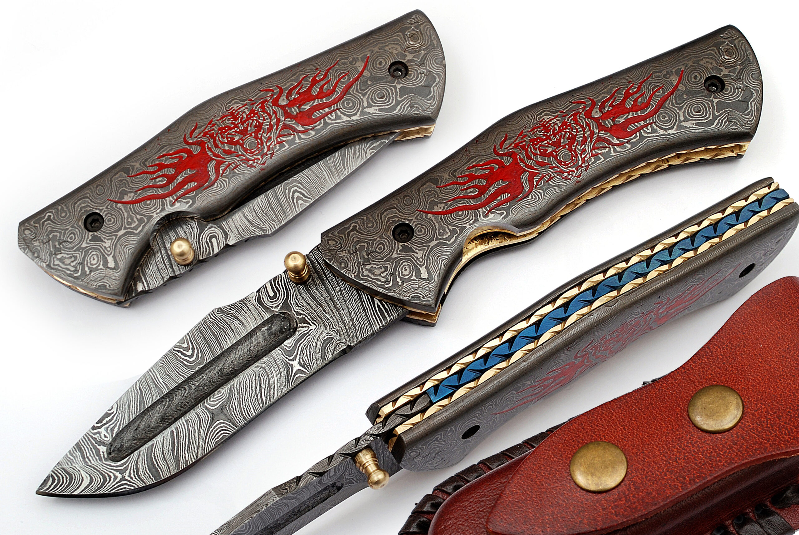 Red Flame Executive Series Damascus Folding Knife Brass & Blue Filework