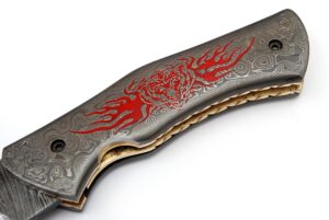 Red Flame Executive Series Damascus Folding Knife Brass & Blue Filework