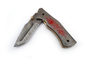 Red Flame Executive Series Damascus Folding Knife Brass & Blue Filework