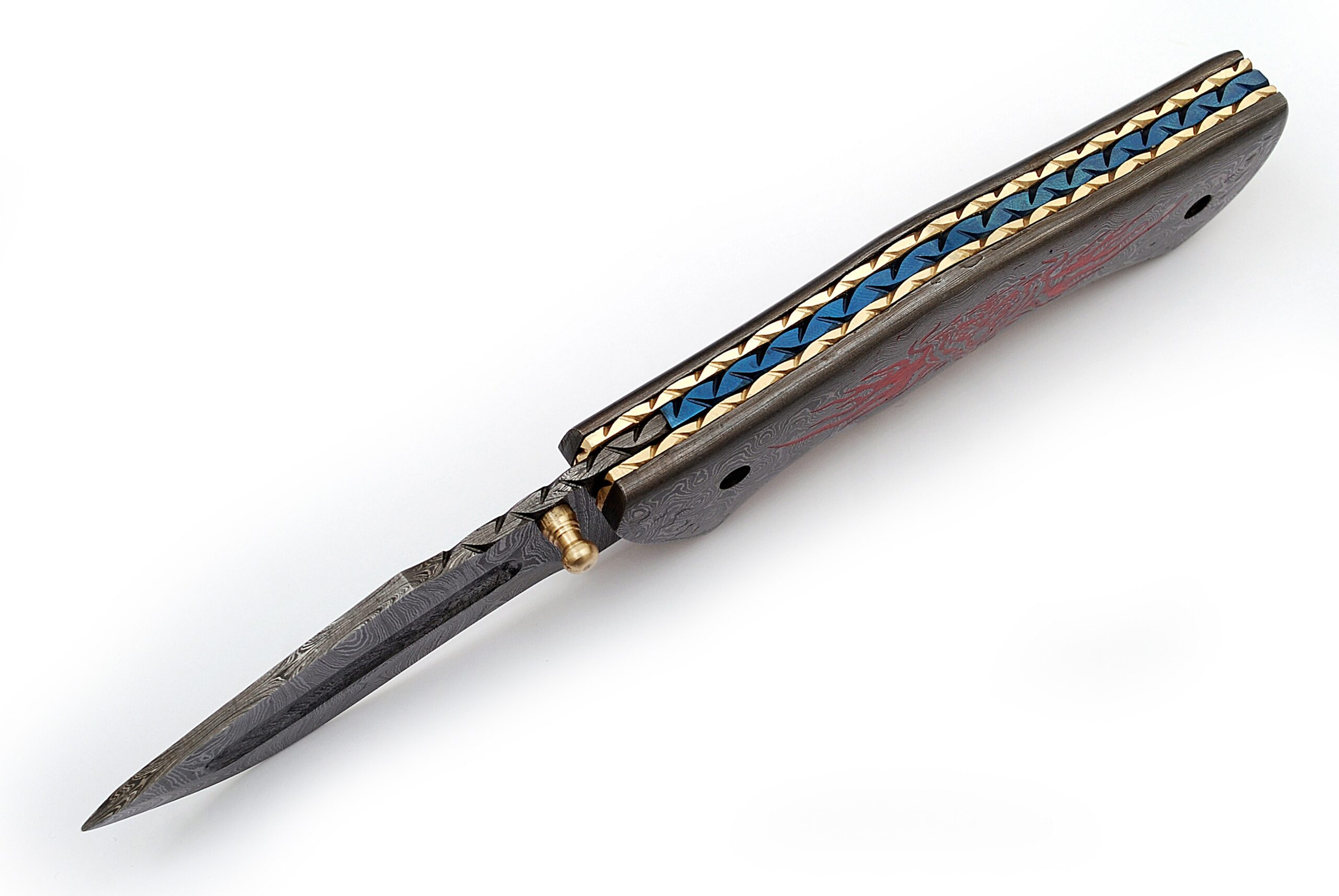 Red Flame Executive Series Damascus Folding Knife Brass & Blue Filework