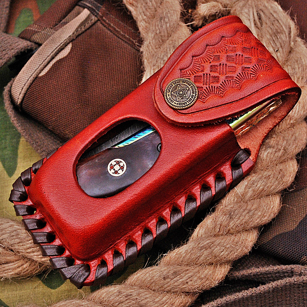 White Deer Executive Titanium Series Black Camel Bone Handle Damascus Folding Knife