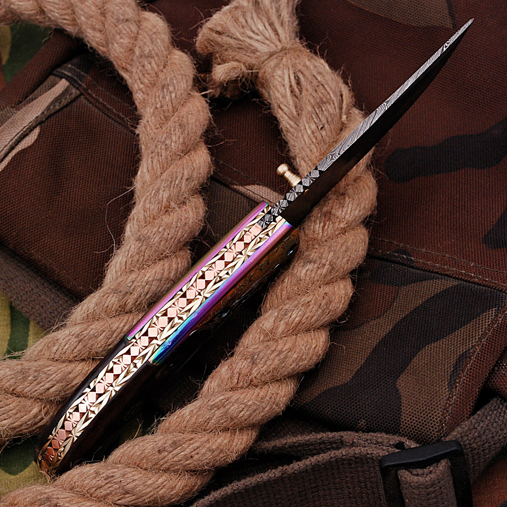 White Deer Executive Titanium Series Black Camel Bone Handle Damascus Folding Knife