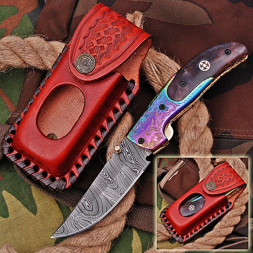 White Deer Executive Titanium Series Black Camel Bone Handle Damascus Folding Knife