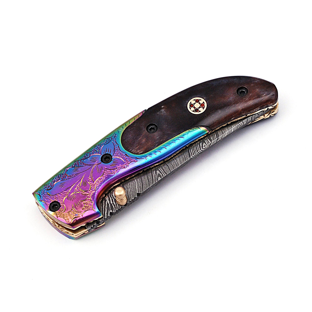 White Deer Executive Titanium Series Black Camel Bone Handle Damascus Folding Knife