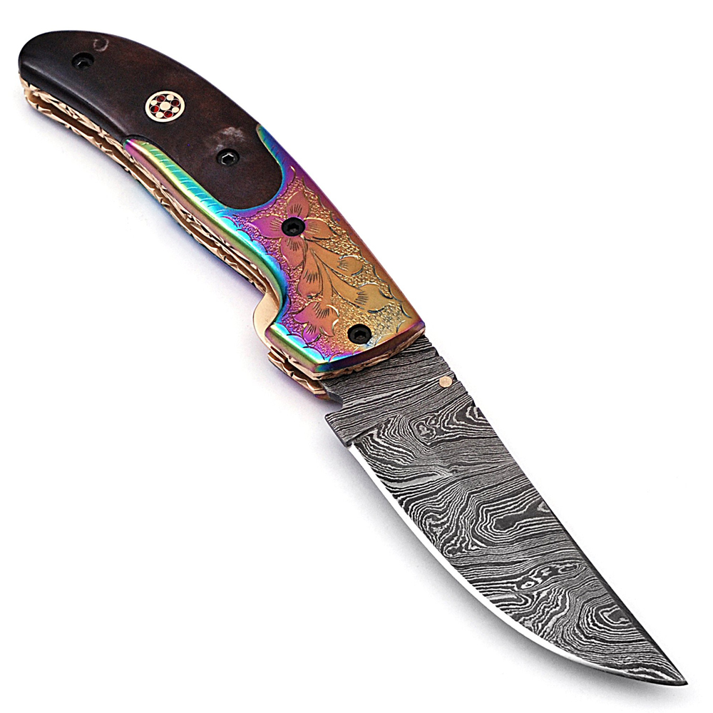 White Deer Executive Titanium Series Black Camel Bone Handle Damascus Folding Knife