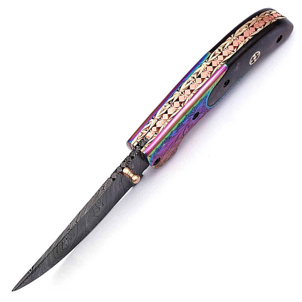 White Deer Executive Titanium Series Black Camel Bone Handle Damascus Folding Knife