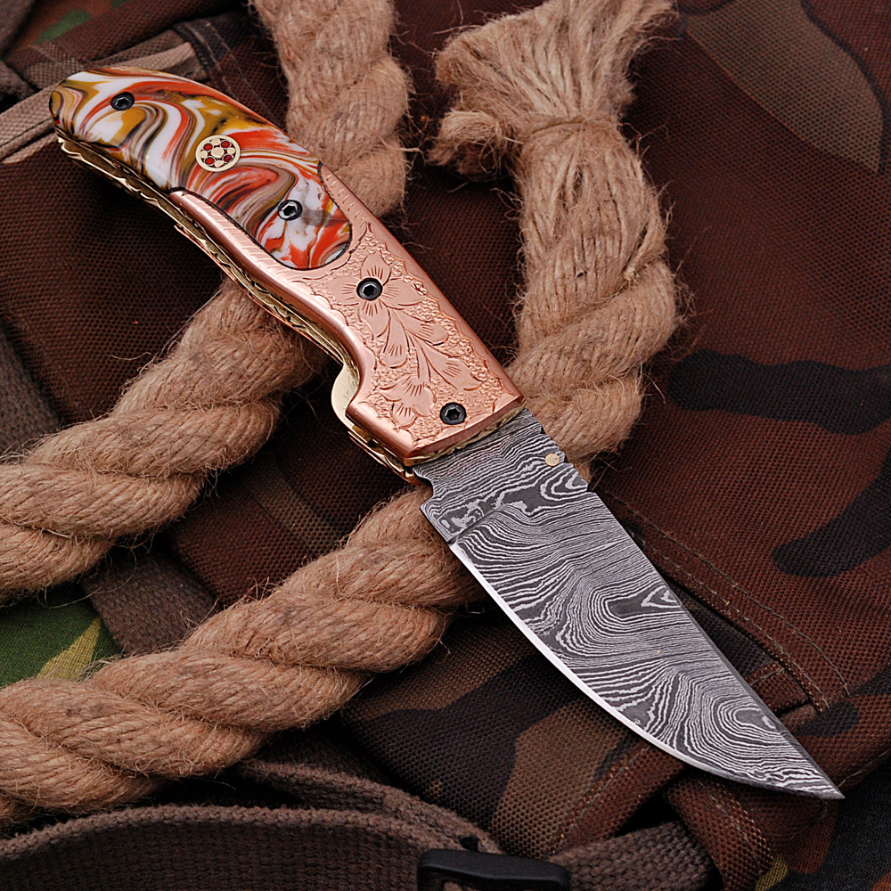 White Deer Executive Series Red & Orange Marble Damascus Folding Knife