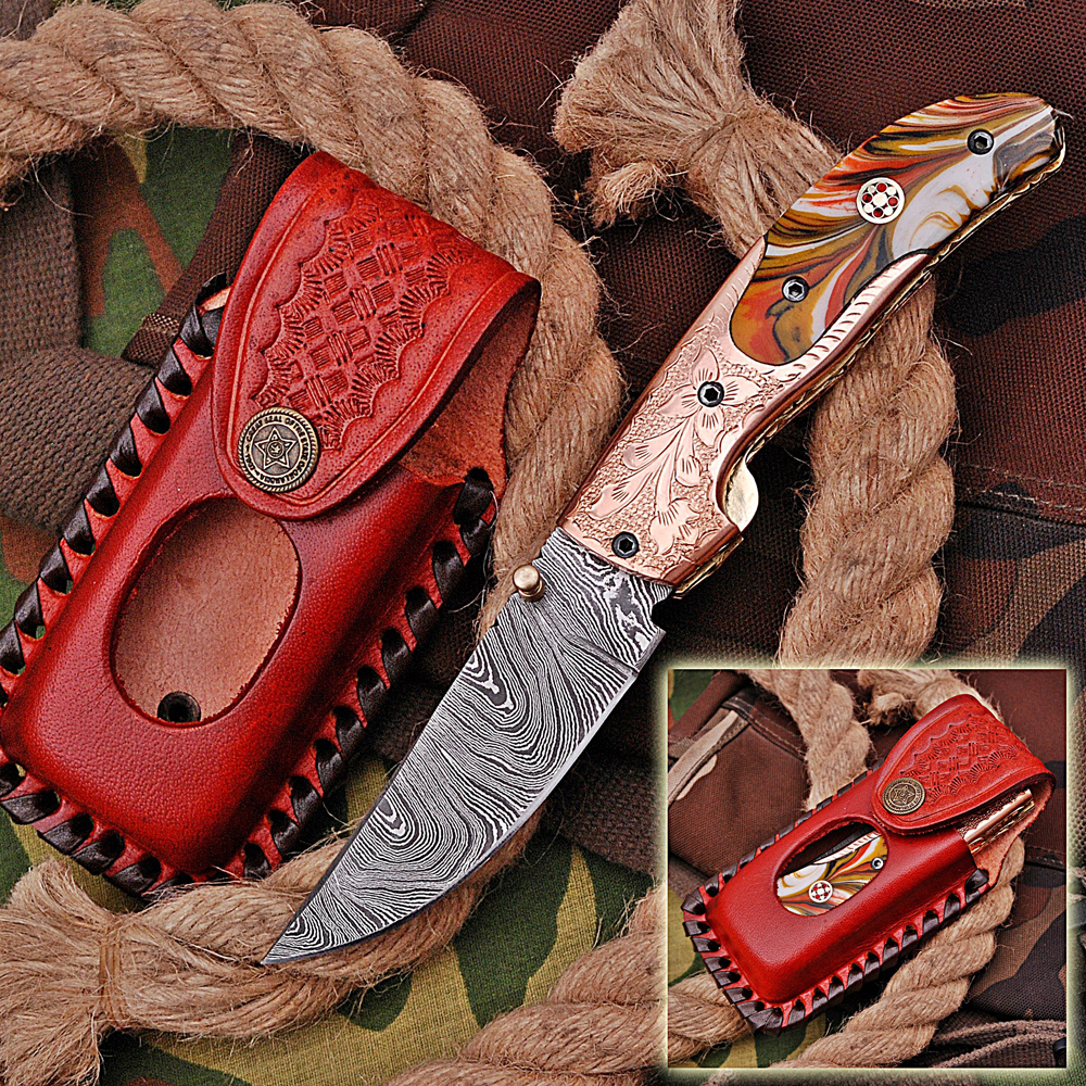 White Deer Executive Series Red & Orange Marble Damascus Folding Knife