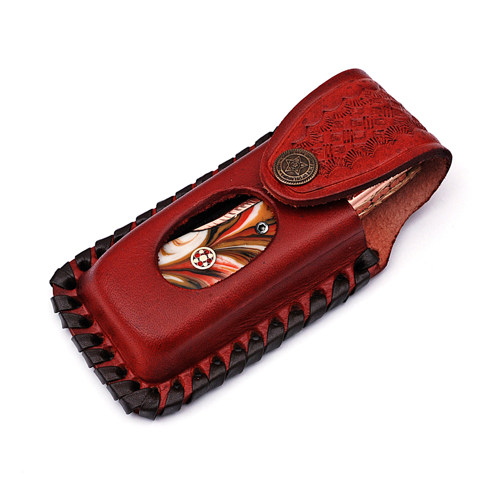 White Deer Executive Series Red & Orange Marble Damascus Folding Knife