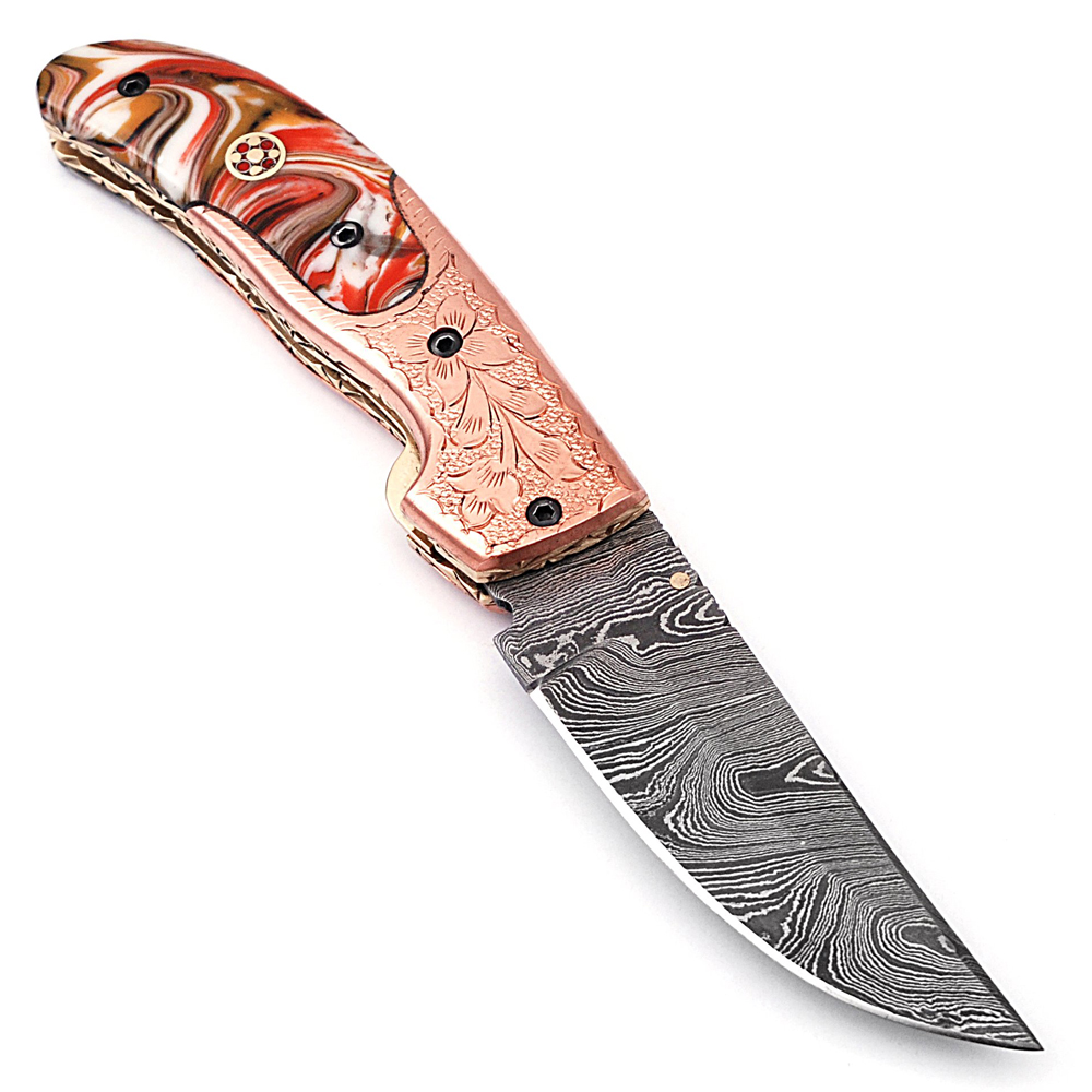White Deer Executive Series Red & Orange Marble Damascus Folding Knife
