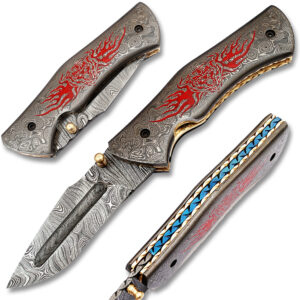 Red Flame Executive Series Damascus Folding Knife Brass & Blue Filework