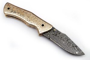White Copper Executive Series Damascus Folding Knife Brass & Copper File work