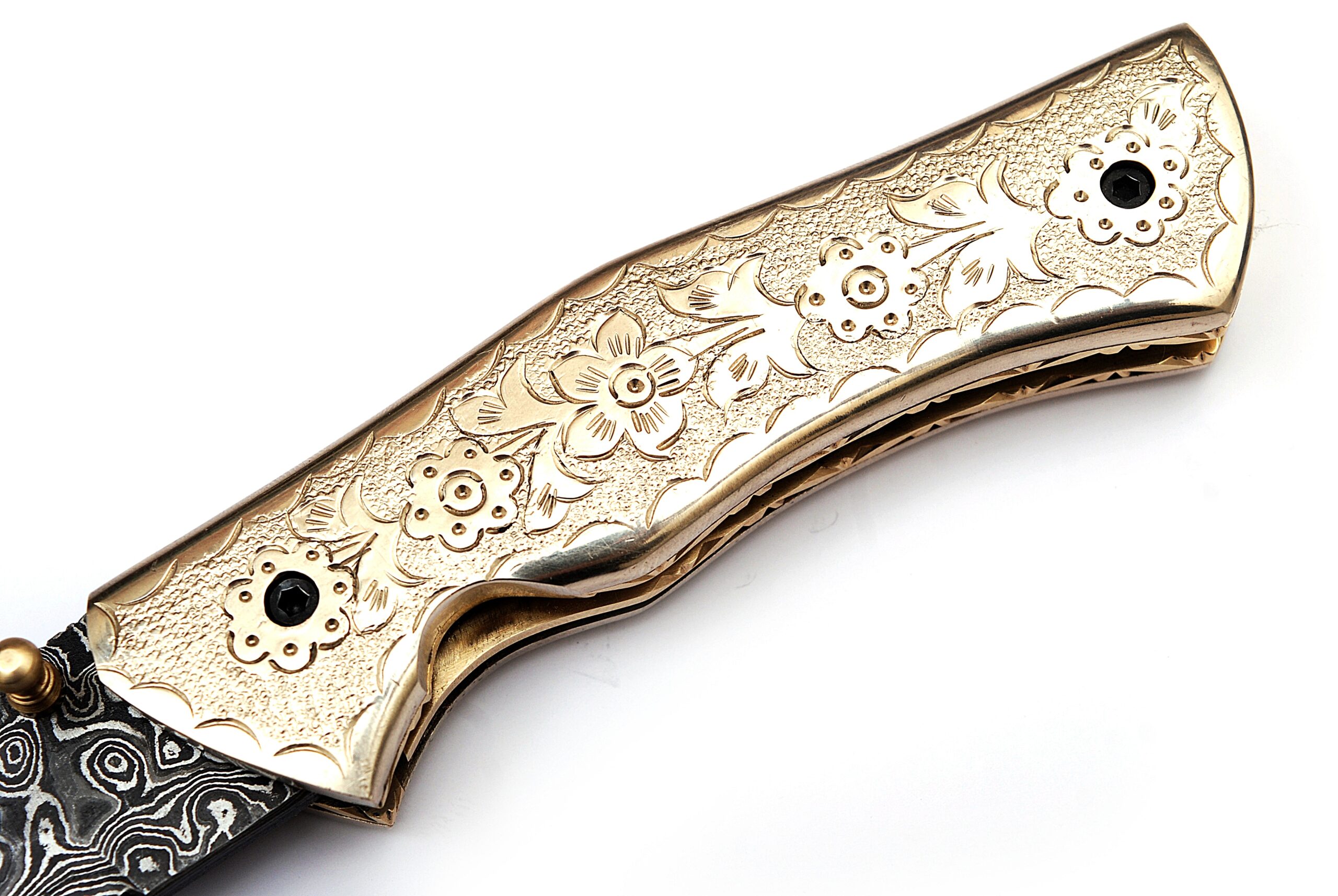 White Copper Executive Series Damascus Folding Knife Brass & Copper File work