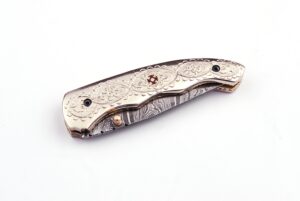 White Copper Executive Series Damascus Folding Knife Brass & Copper File work