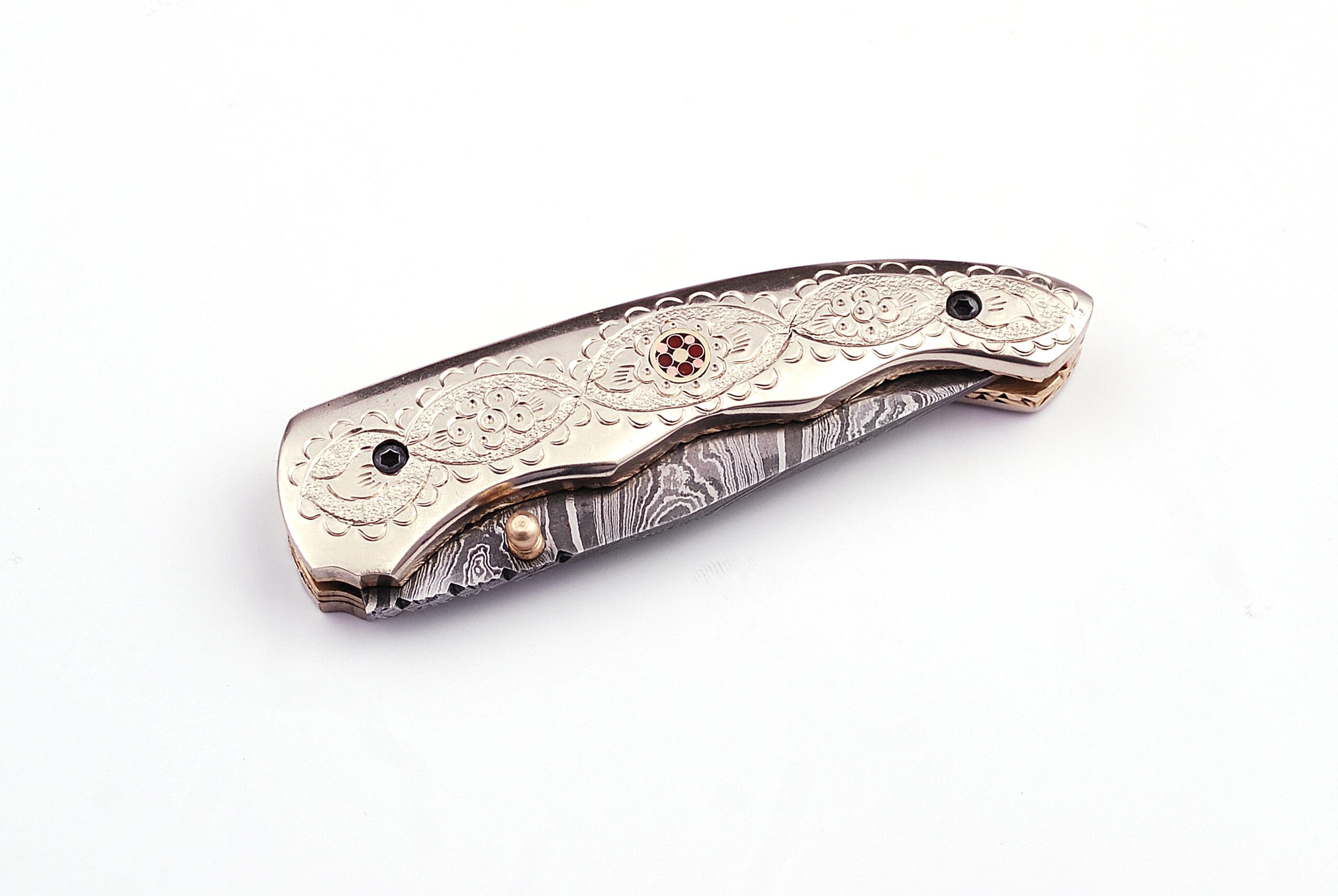 White Copper Executive Series Damascus Folding Knife Brass & Copper File work