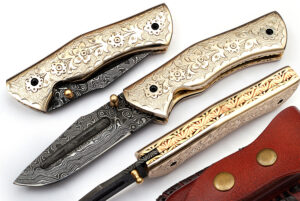 White Copper Executive Series Damascus Folding Knife Brass & Copper File work
