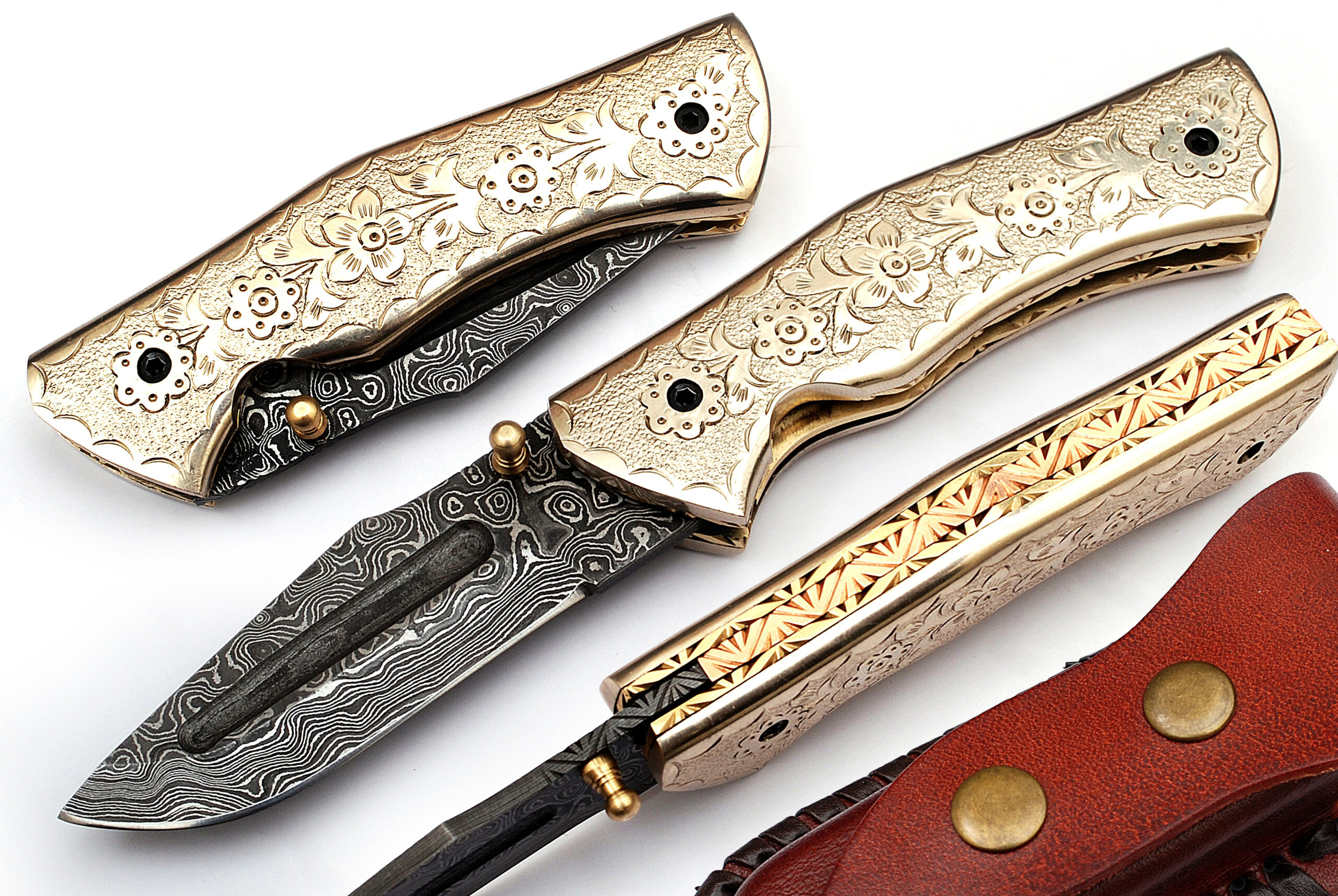 White Copper Executive Series Damascus Folding Knife Brass & Copper File work