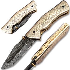 White Copper Executive Series Damascus Folding Knife Brass & Copper File work
