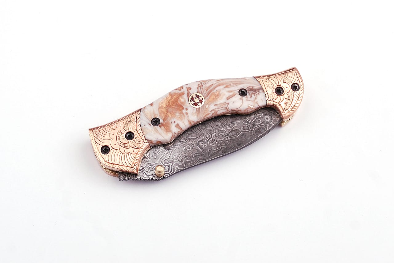 Executive Series Damascus Folding Knife  Copper Bolster